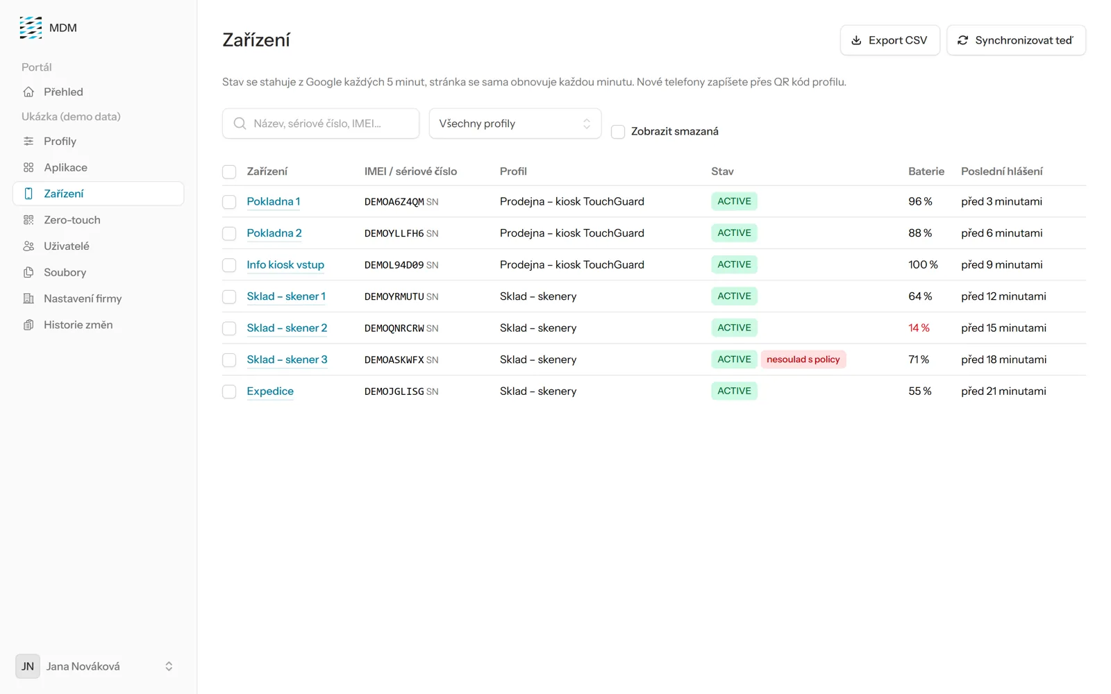 MDM 2 List of devices with battery status and compliance with the rules